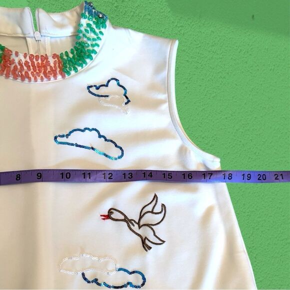 Vintage white embroidered mini shift dress with beaded mock neck. - Picture 7 of 8